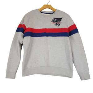 Superdry Athletic Sweatshirt Mens XS Gray Red‎ Blue Stripe Crewneck Pullover